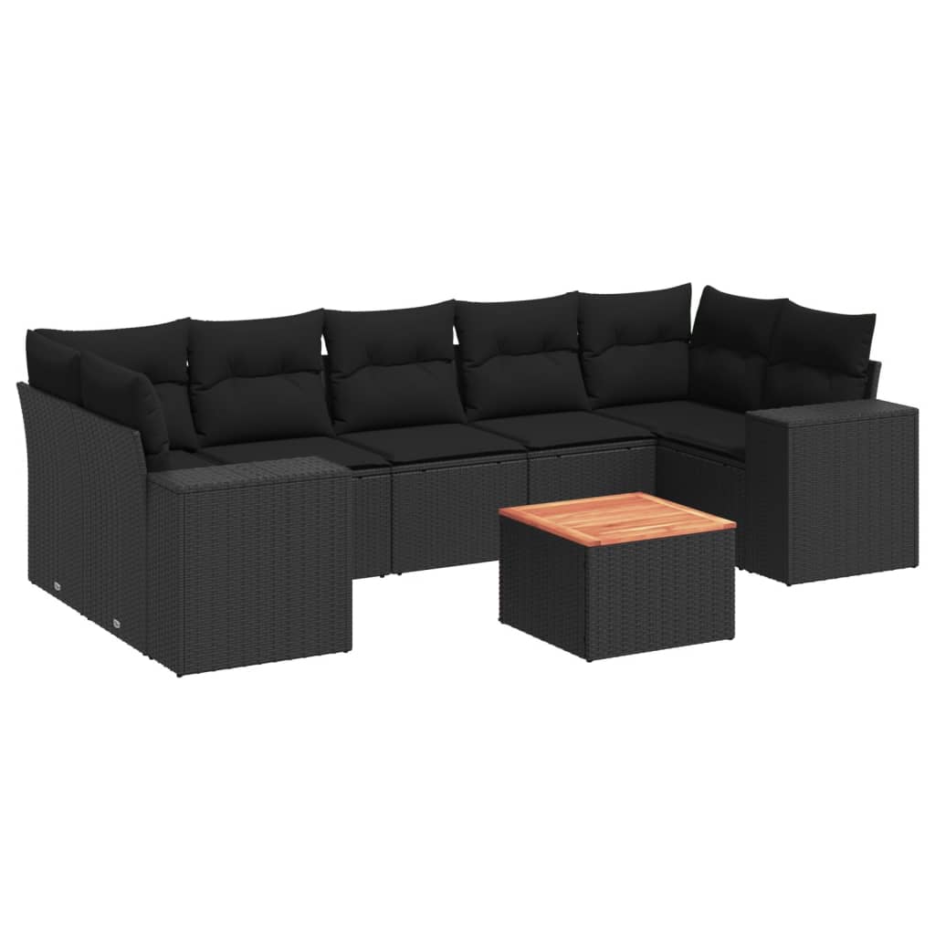 8-delige Loungeset met kussens poly rattan zwart