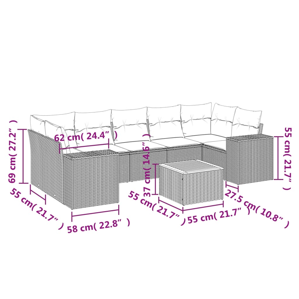 8-delige Loungeset met kussens poly rattan zwart