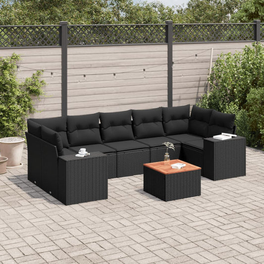 8-delige Loungeset met kussens poly rattan zwart