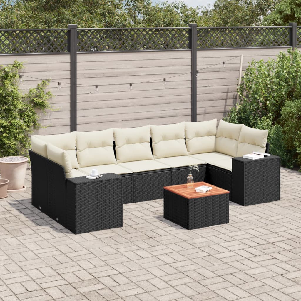 8-delige Loungeset met kussens poly rattan zwart