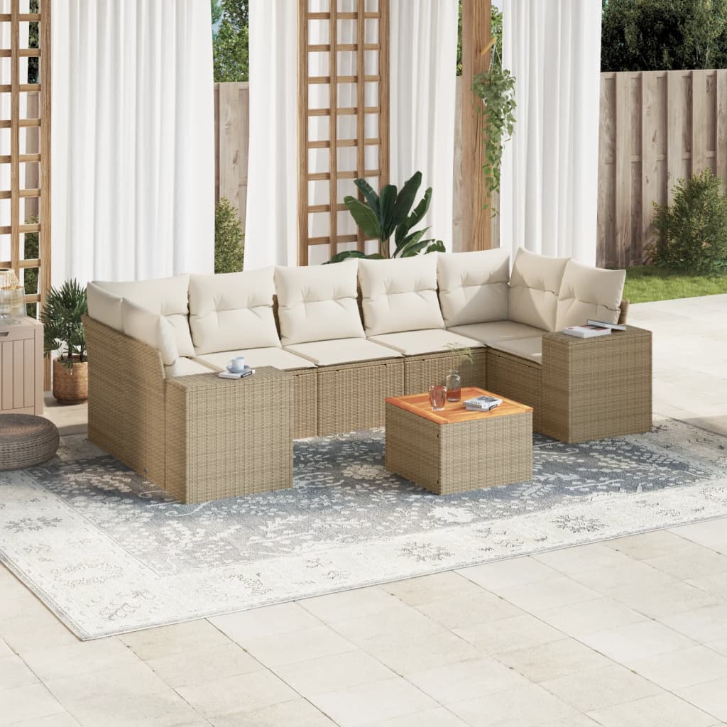 8-delige Loungeset met kussens poly rattan beige