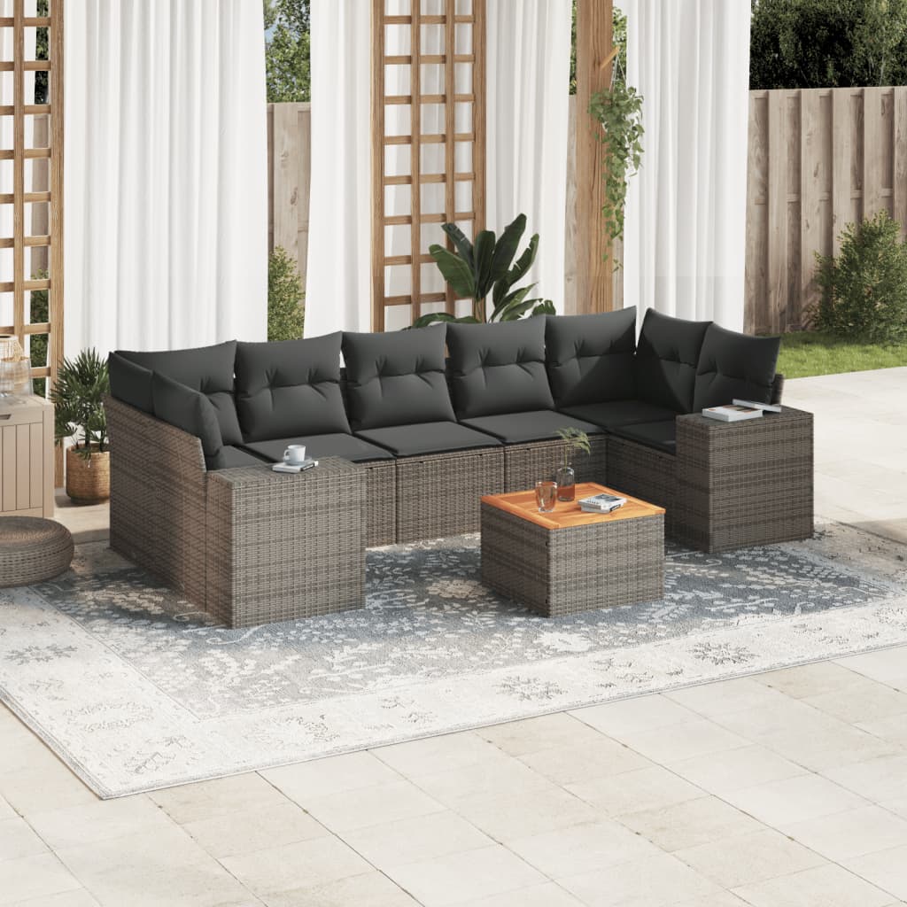 8-delige Loungeset met kussens poly rattan grijs