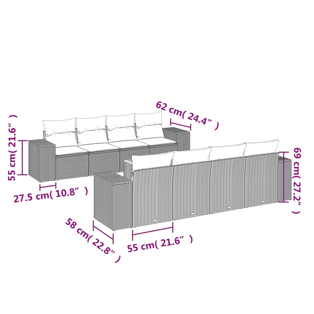 9-delige Loungeset met kussens poly rattan zwart