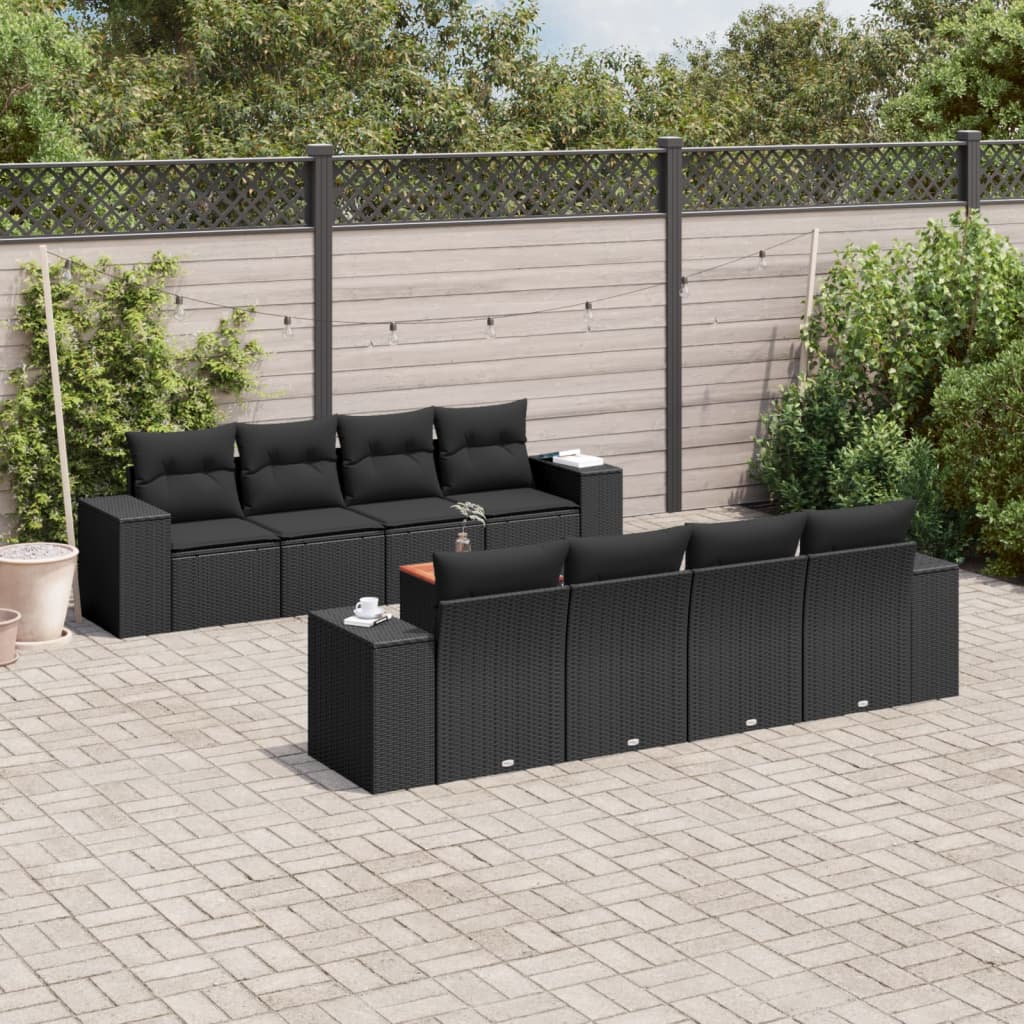 9-delige Loungeset met kussens poly rattan zwart