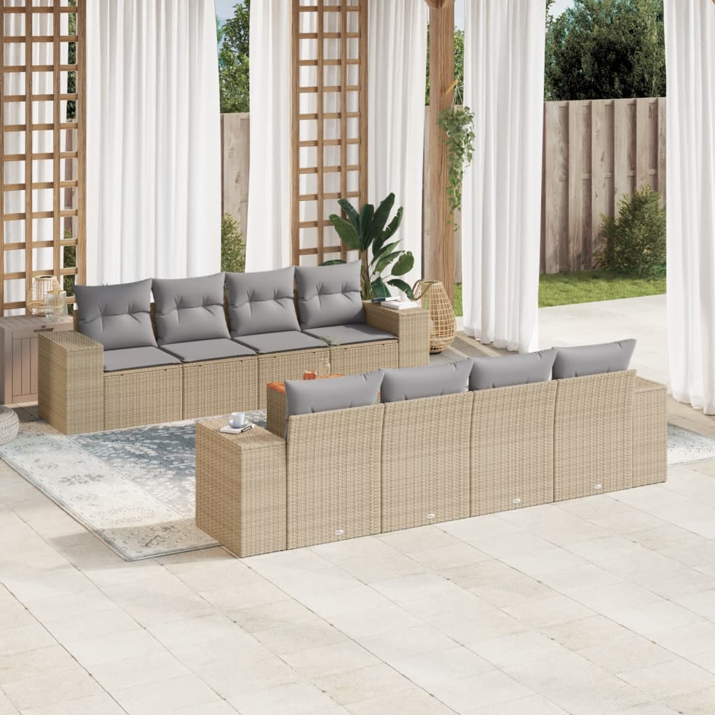 9-delige Loungeset met kussens poly rattan beige