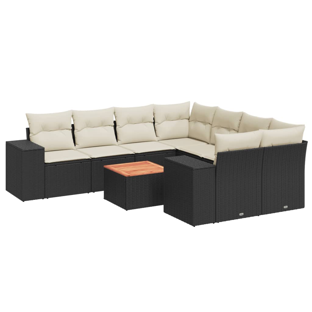 9-delige Loungeset met kussens poly rattan zwart