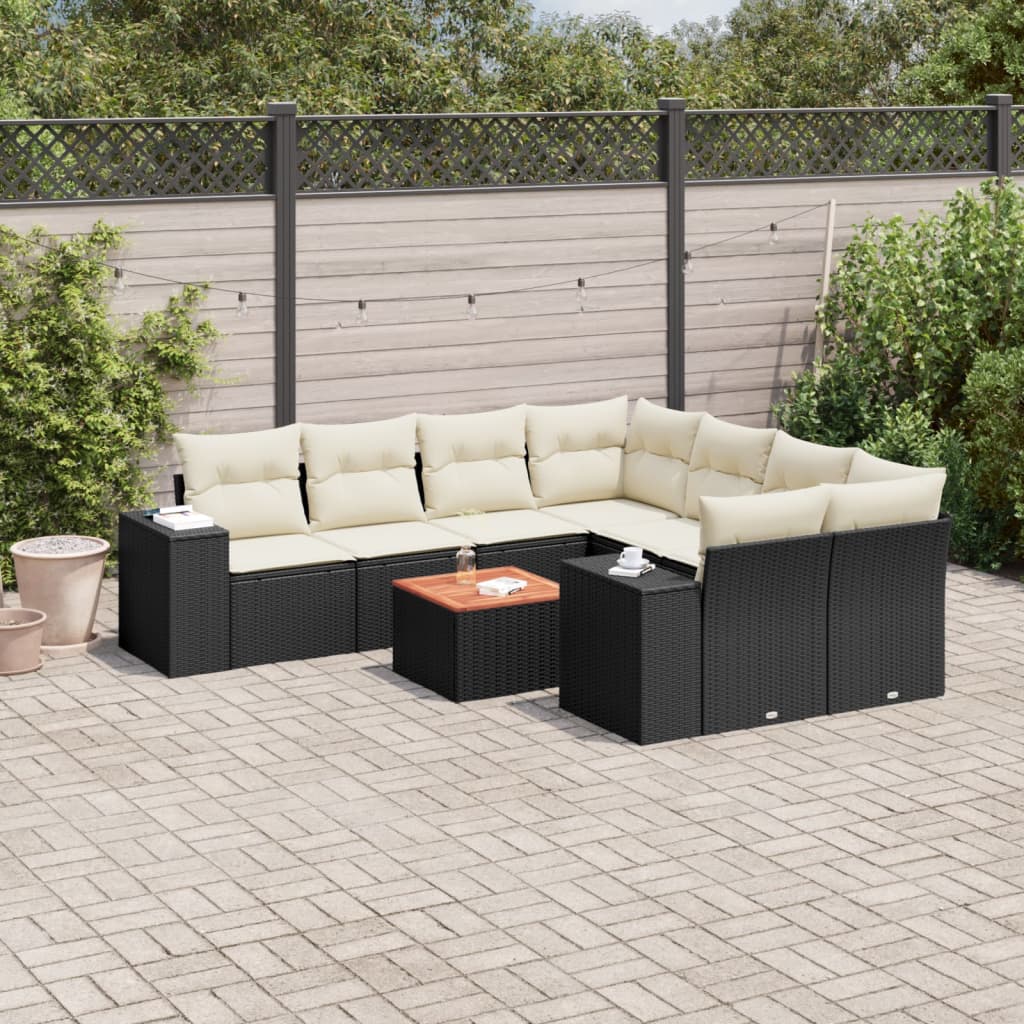 9-delige Loungeset met kussens poly rattan zwart