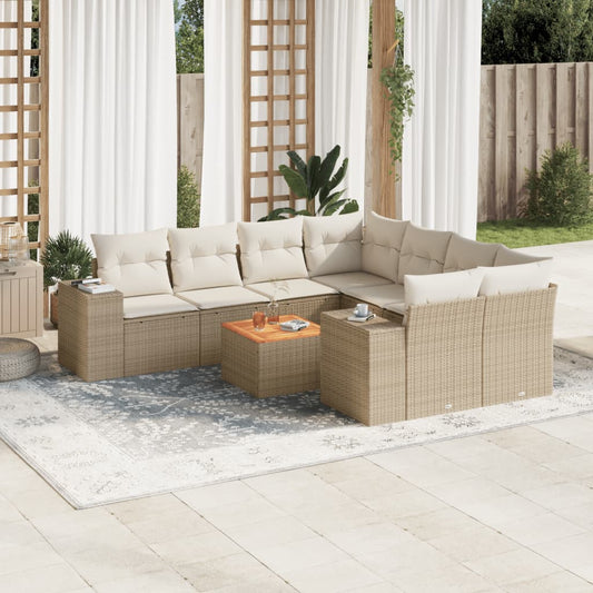 9-delige Loungeset met kussens poly rattan beige