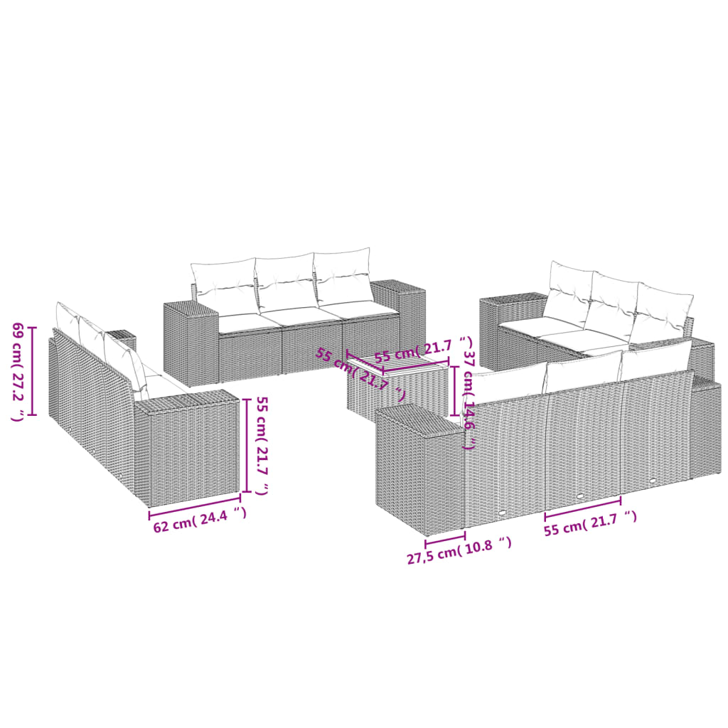 13-delige Loungeset met kussens poly rattan beige