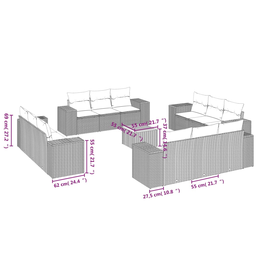 13-delige Loungeset met kussens poly rattan beige