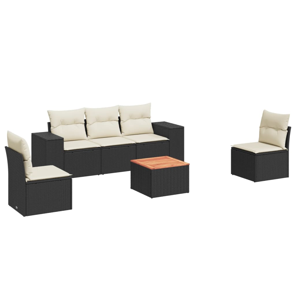 6-delige Loungeset met kussens poly rattan zwart