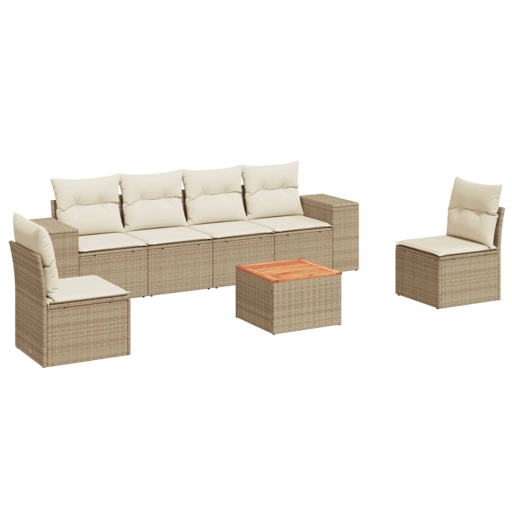 7-delige Loungeset met kussens poly rattan beige