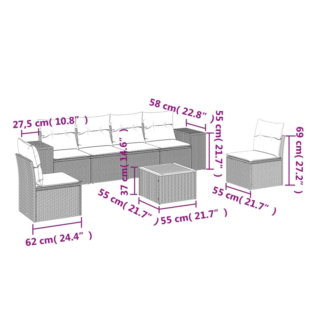 7-delige Loungeset met kussens poly rattan beige