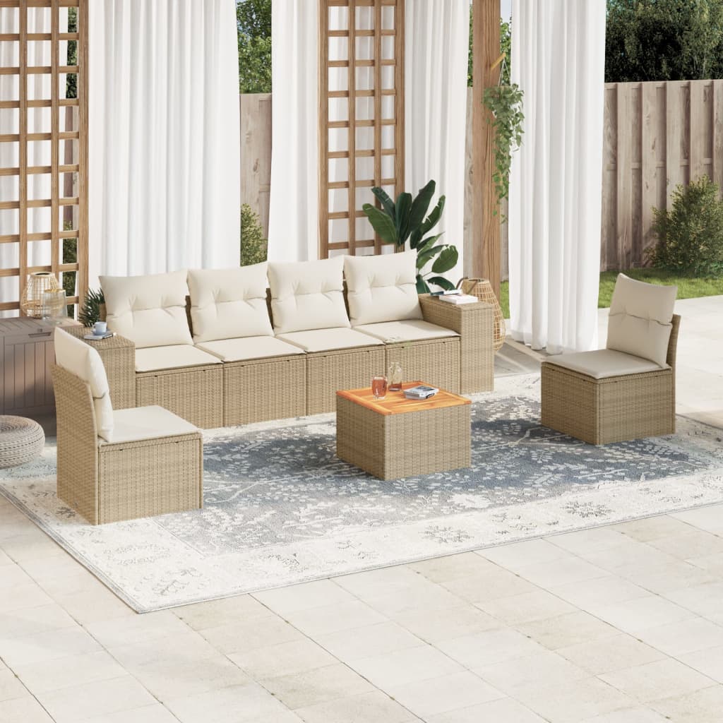 7-delige Loungeset met kussens poly rattan beige