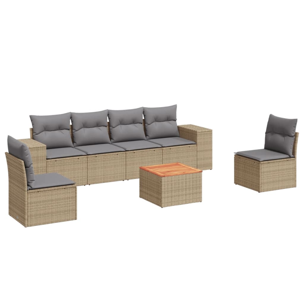 7-delige Loungeset met kussens poly rattan beige