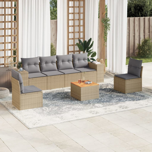 7-delige Loungeset met kussens poly rattan beige