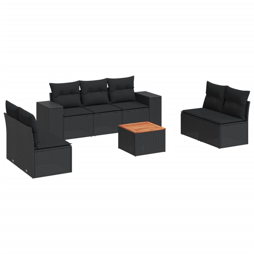 8-delige Loungeset met kussens poly rattan zwart