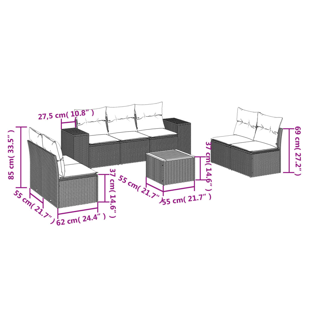 8-delige Loungeset met kussens poly rattan zwart