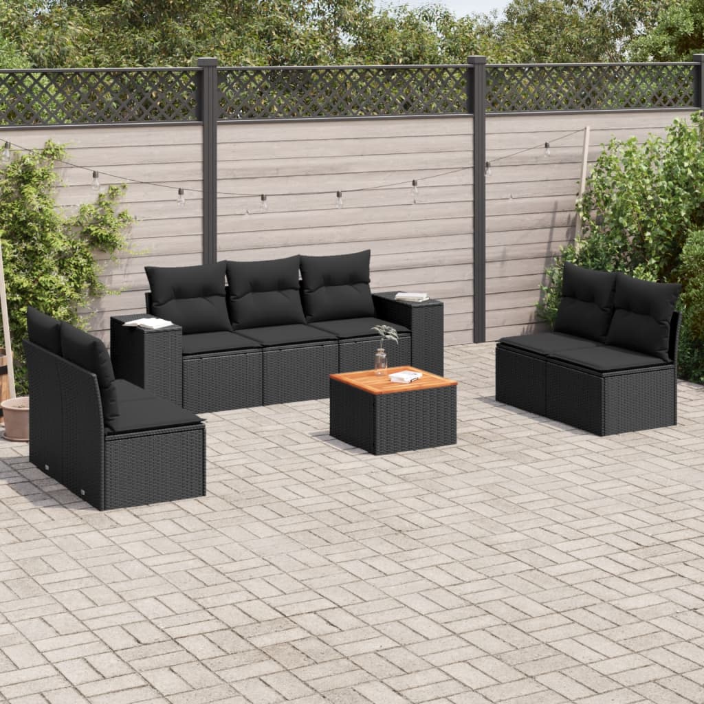 8-delige Loungeset met kussens poly rattan zwart