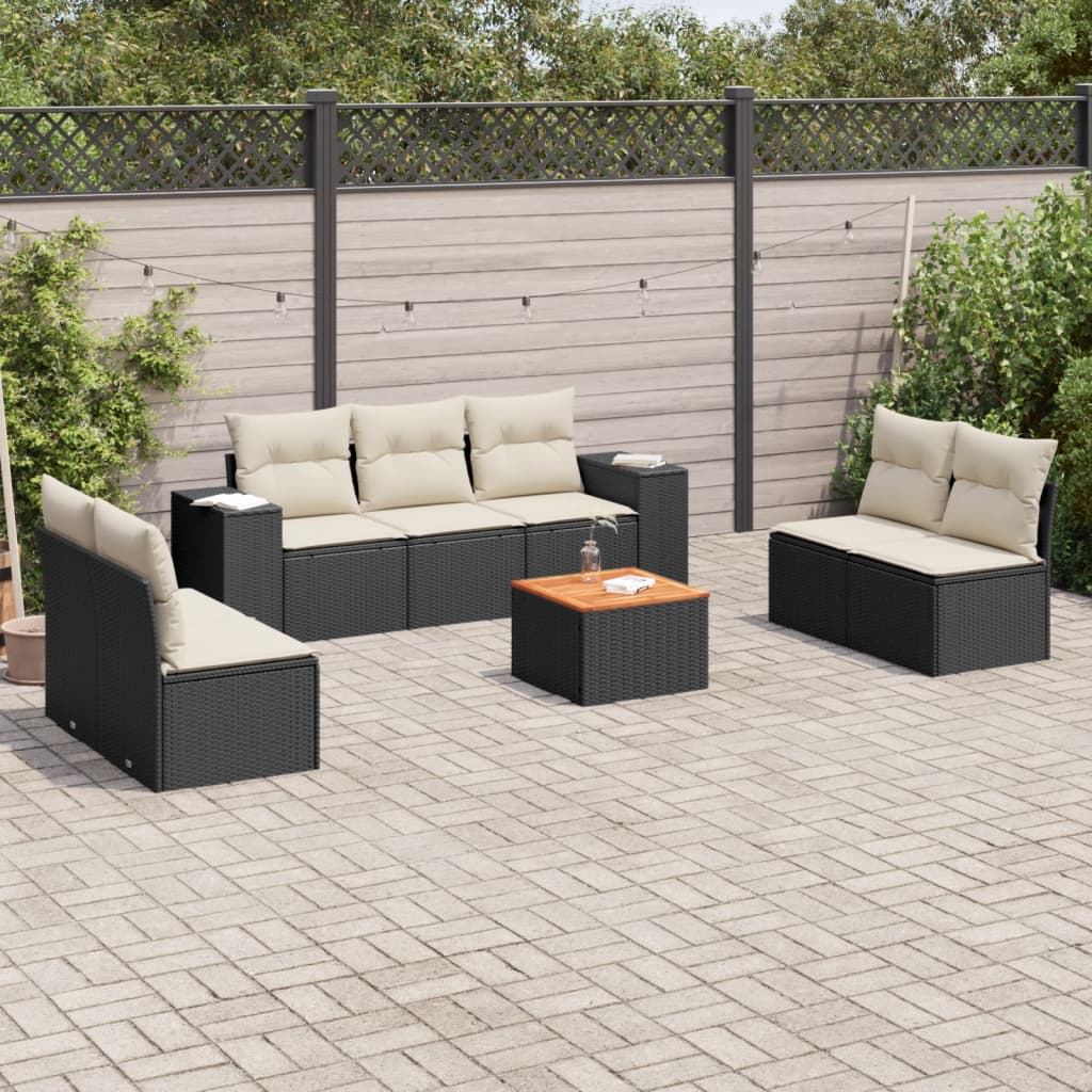 8-delige Loungeset met kussens poly rattan zwart