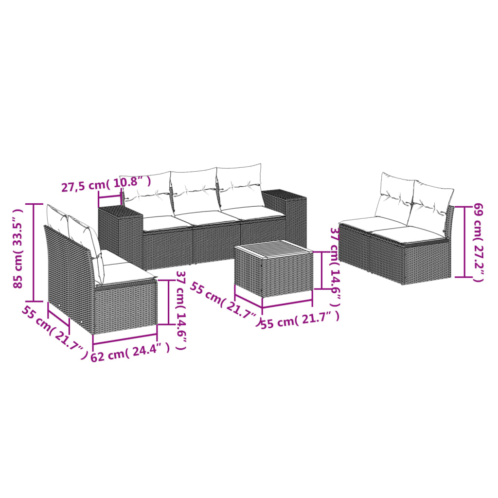 8-delige Loungeset met kussens poly rattan beige