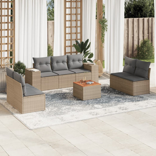 8-delige Loungeset met kussens poly rattan beige