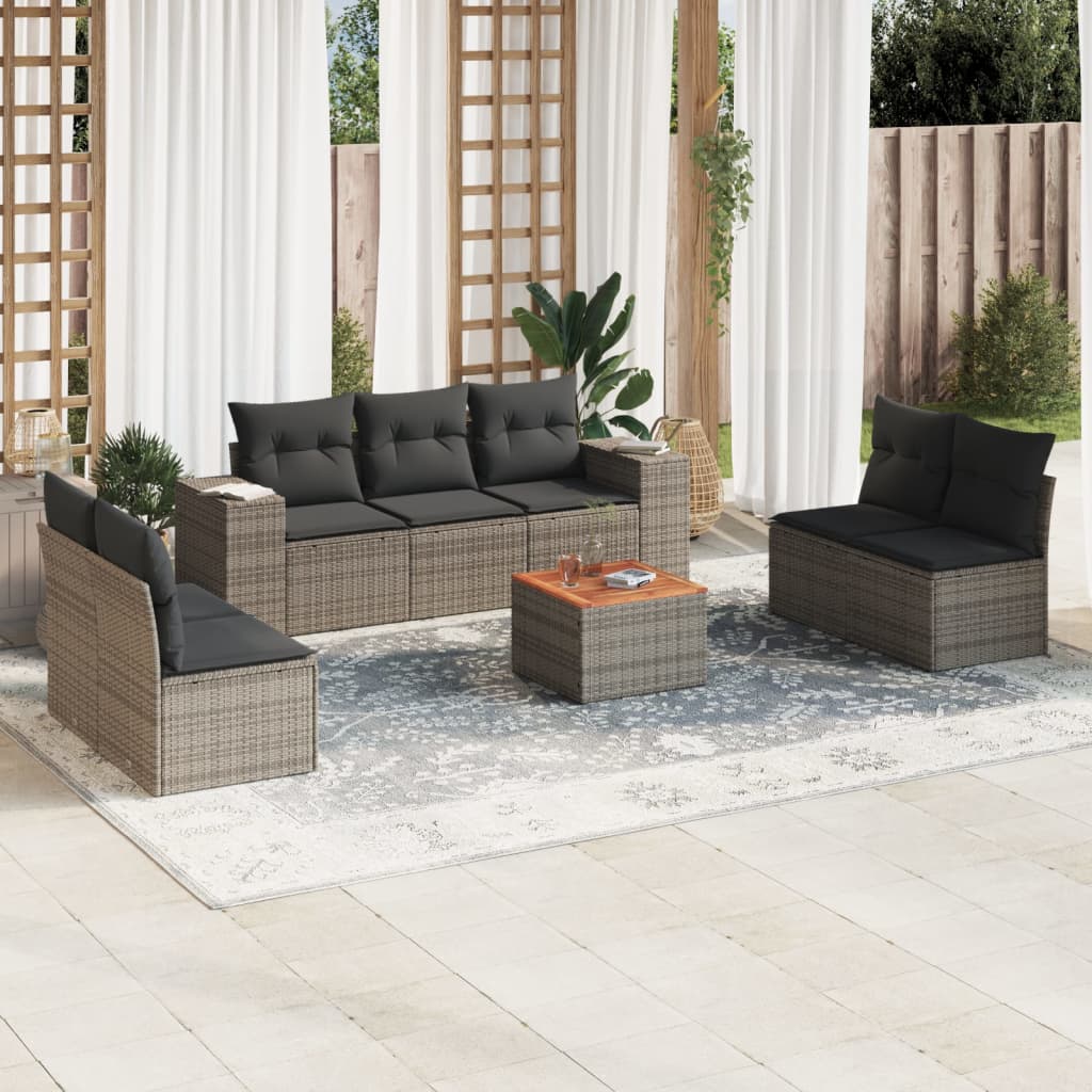 8-delige Loungeset met kussens poly rattan grijs