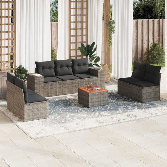 8-delige Loungeset met kussens poly rattan grijs