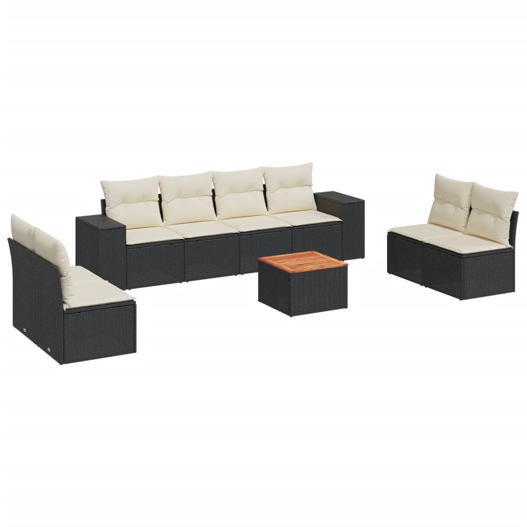 9-delige Loungeset met kussens poly rattan zwart