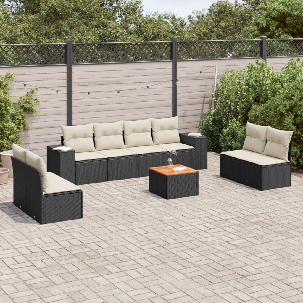 9-delige Loungeset met kussens poly rattan zwart