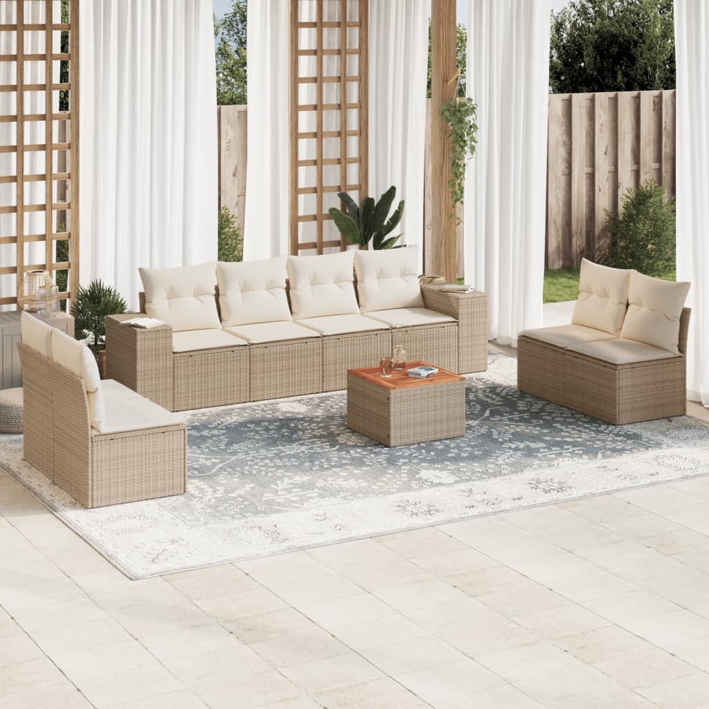 9-delige Loungeset met kussens poly rattan beige