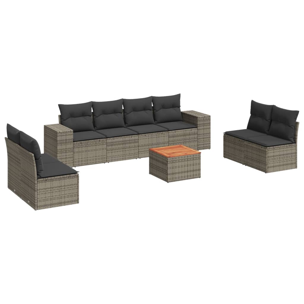 9-delige Loungeset met kussens poly rattan grijs