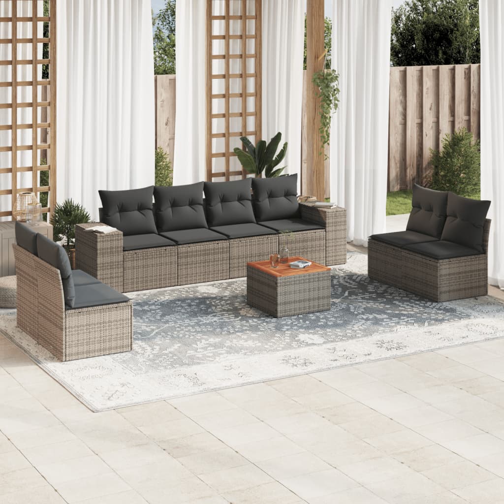 9-delige Loungeset met kussens poly rattan grijs