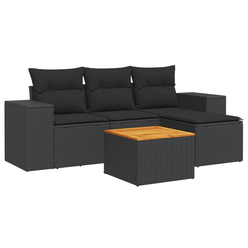 5-delige Loungeset met kussens poly rattan zwart