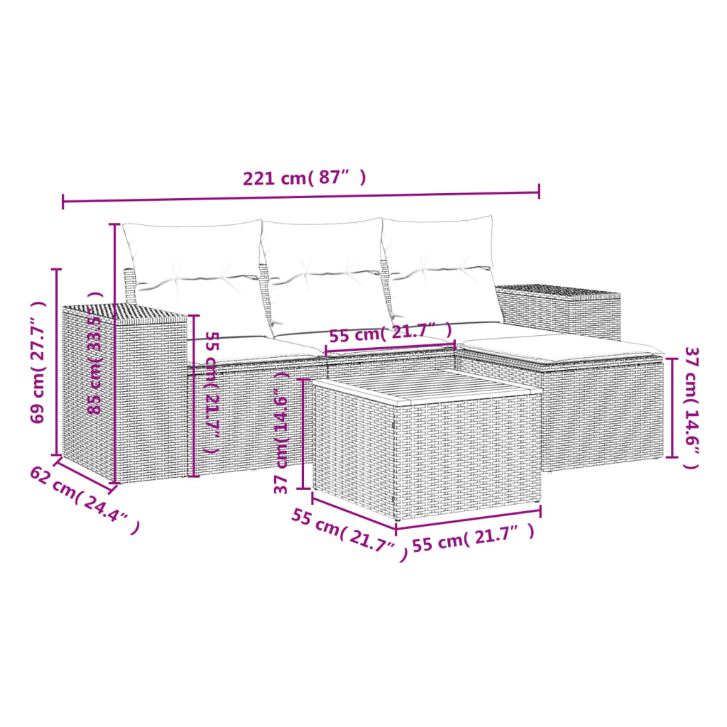 5-delige Loungeset met kussens poly rattan zwart