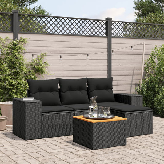 5-delige Loungeset met kussens poly rattan zwart