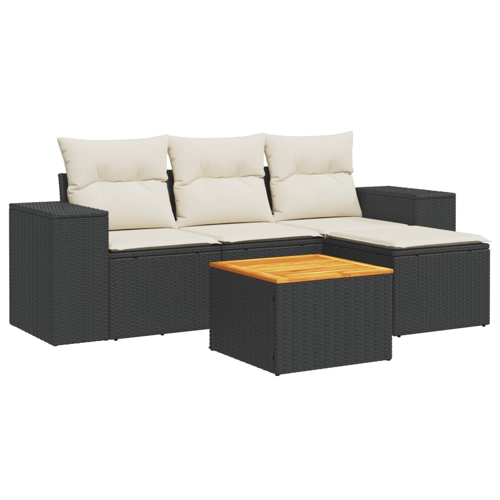 5-delige Loungeset met kussens poly rattan zwart