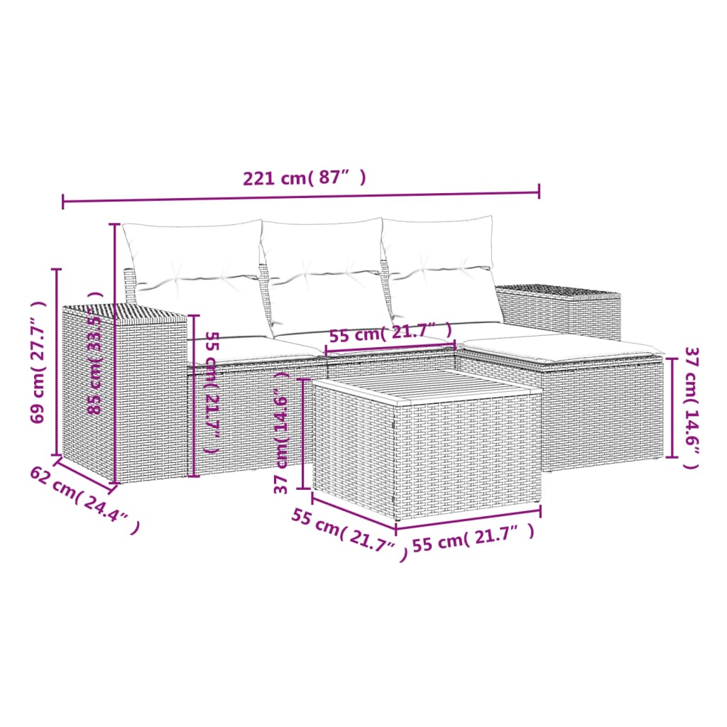 5-delige Loungeset met kussens poly rattan zwart