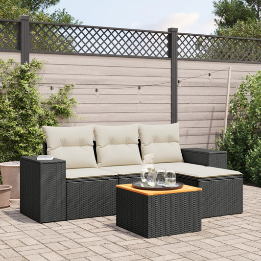 5-delige Loungeset met kussens poly rattan zwart