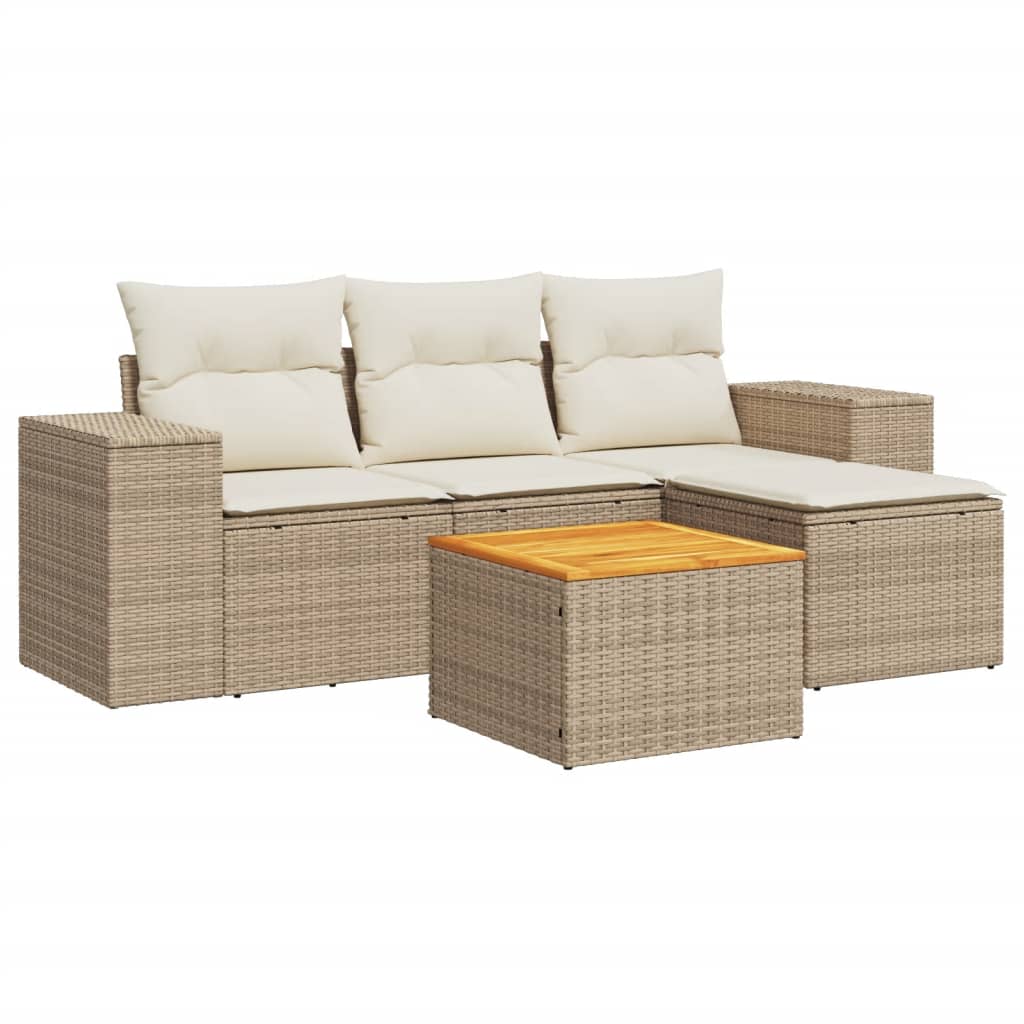 5-delige Loungeset met kussens poly rattan beige