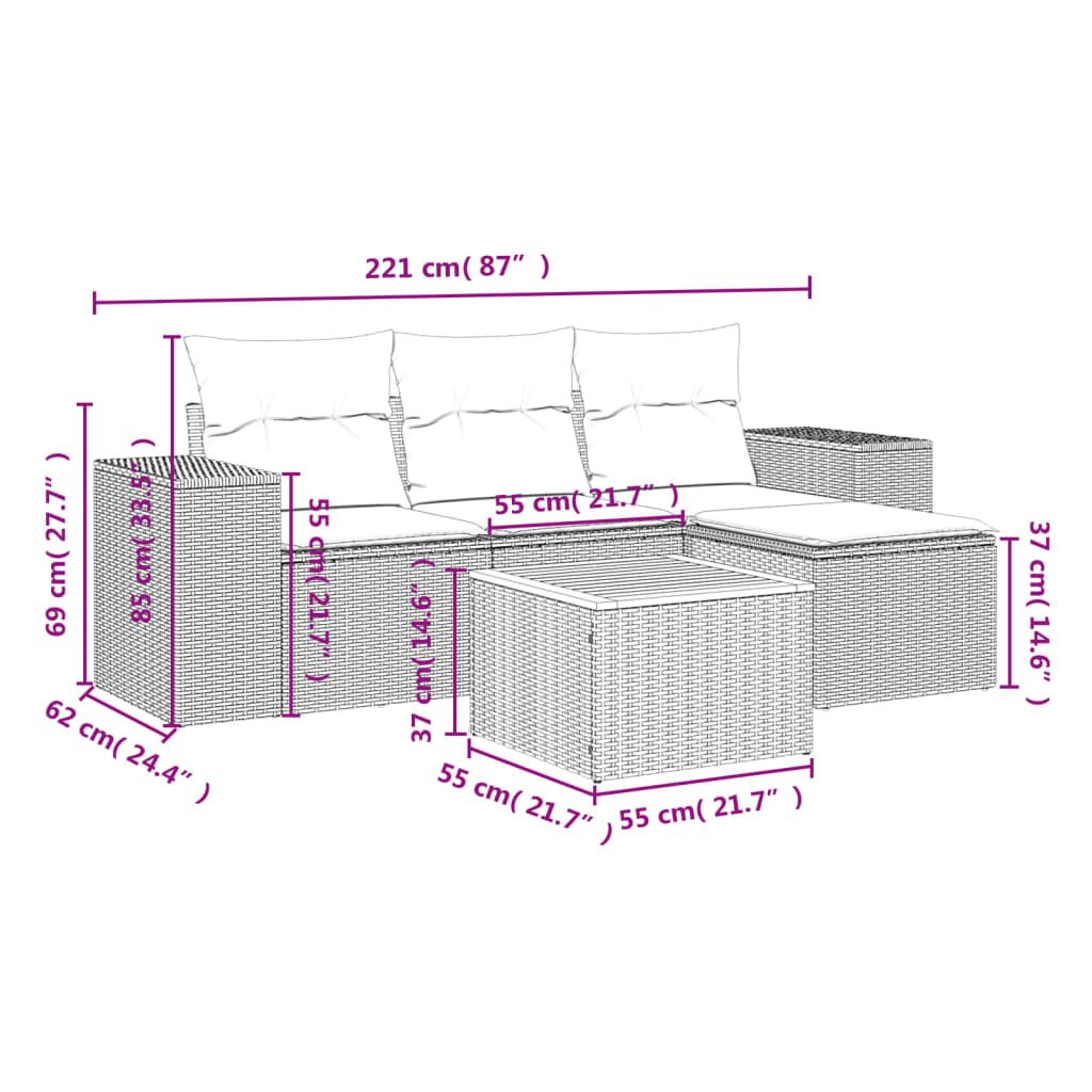 5-delige Loungeset met kussens poly rattan beige