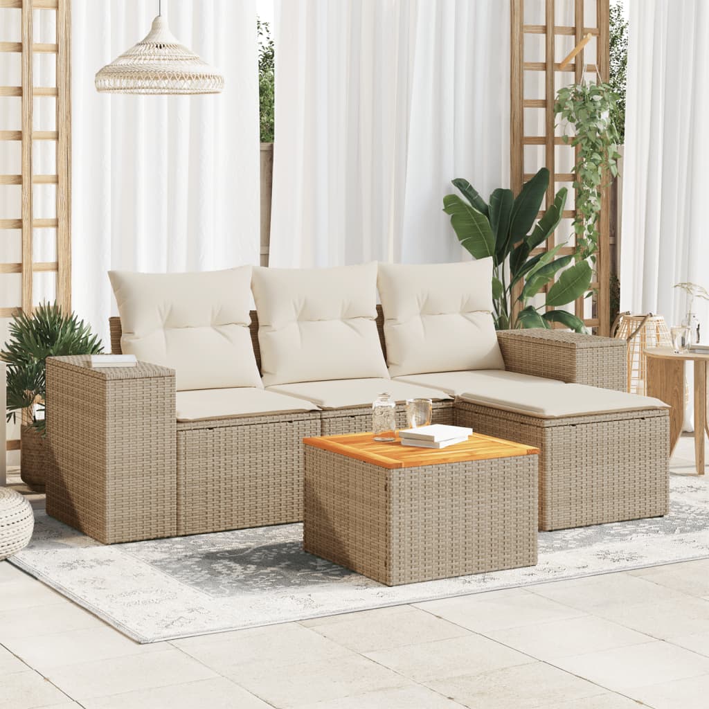 5-delige Loungeset met kussens poly rattan beige