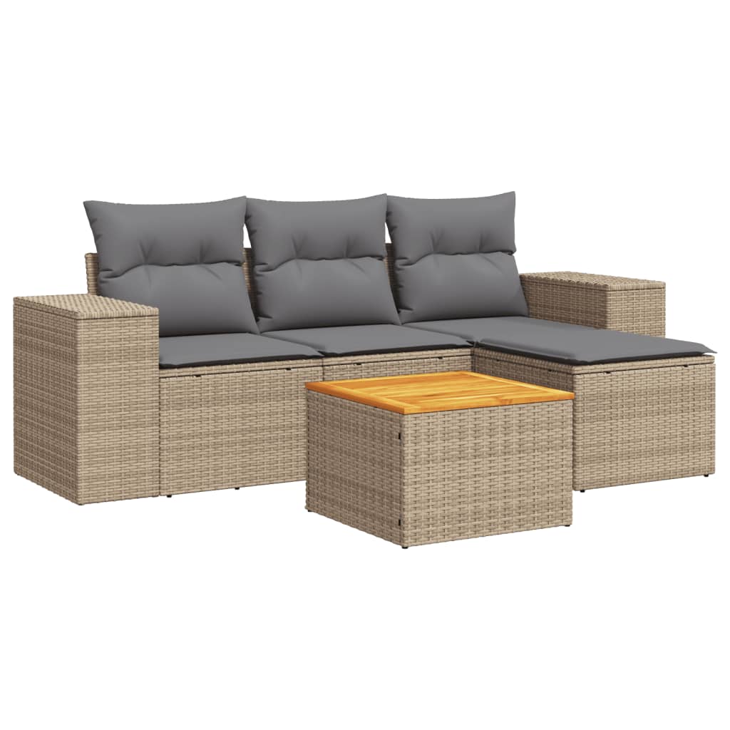 5-delige Loungeset met kussens poly rattan beige