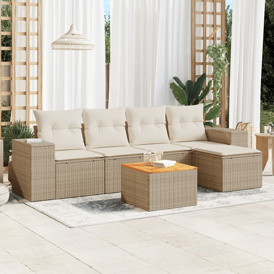 6-delige Loungeset met kussens poly rattan beige