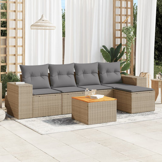 6-delige Loungeset met kussens poly rattan beige