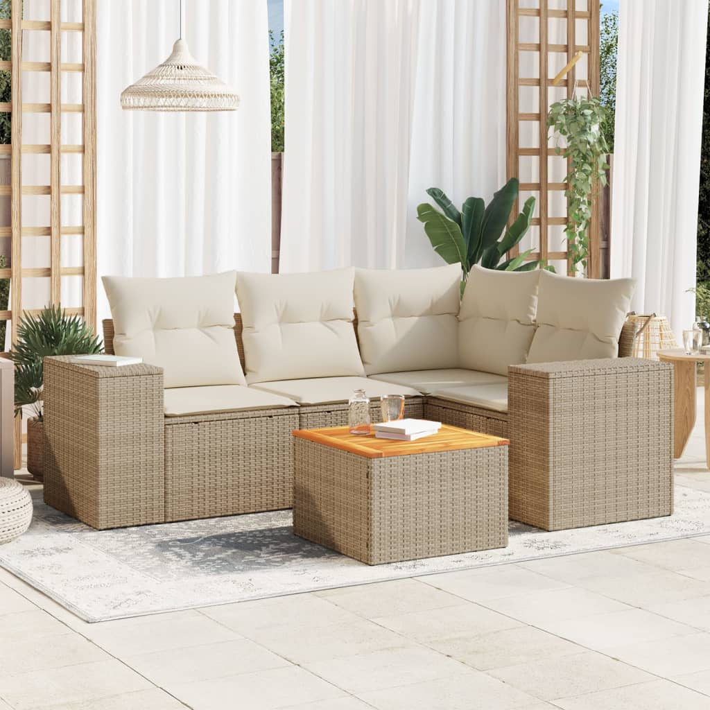 5-delige Loungeset met kussens poly rattan beige