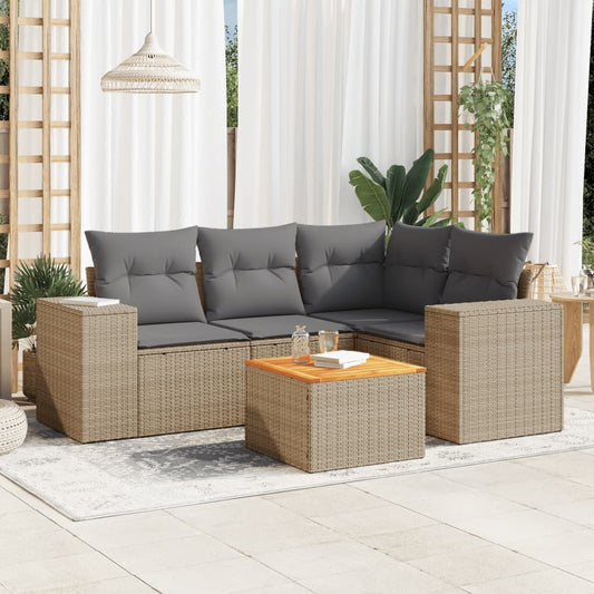 5-delige Loungeset met kussens poly rattan beige