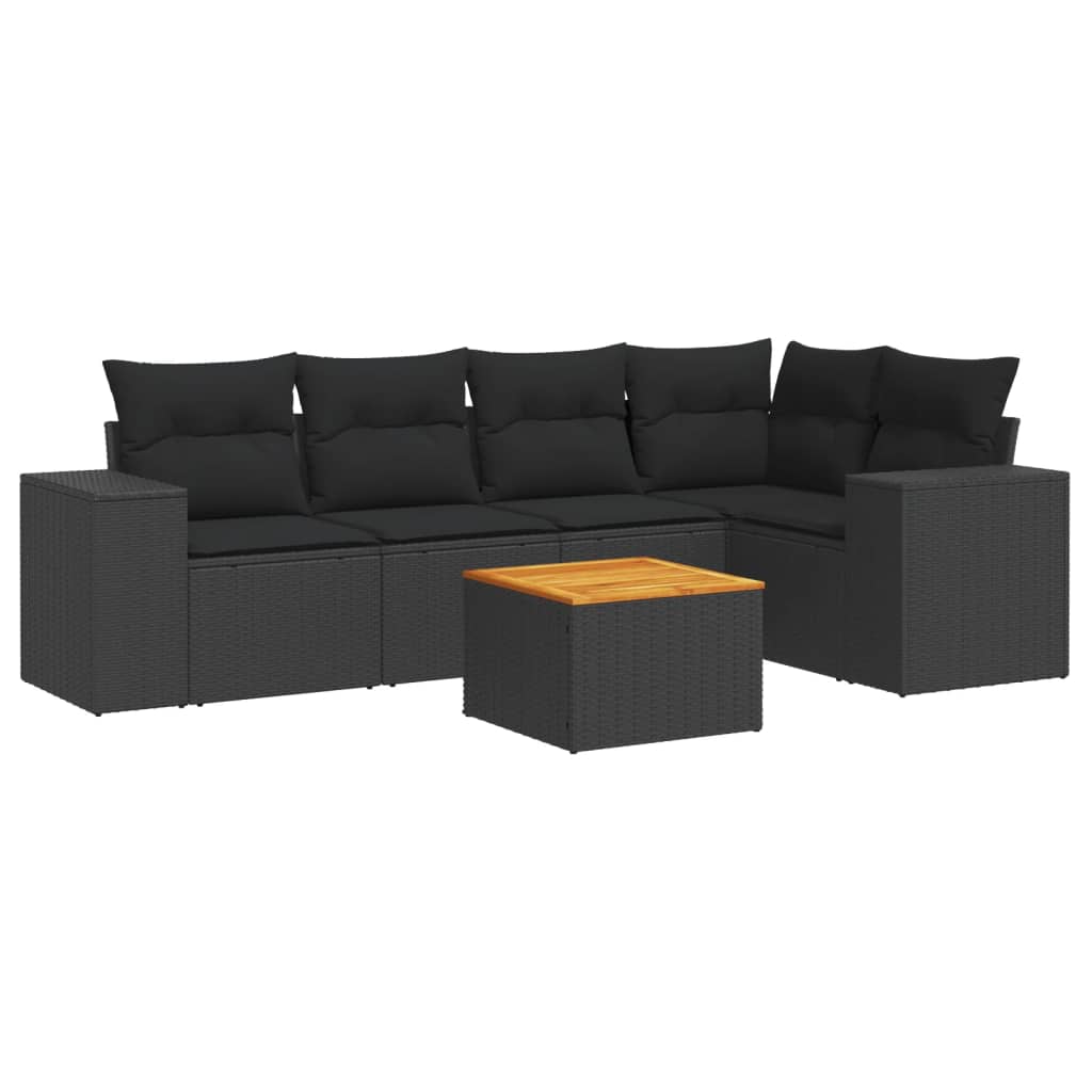 6-delige Loungeset met kussens poly rattan zwart