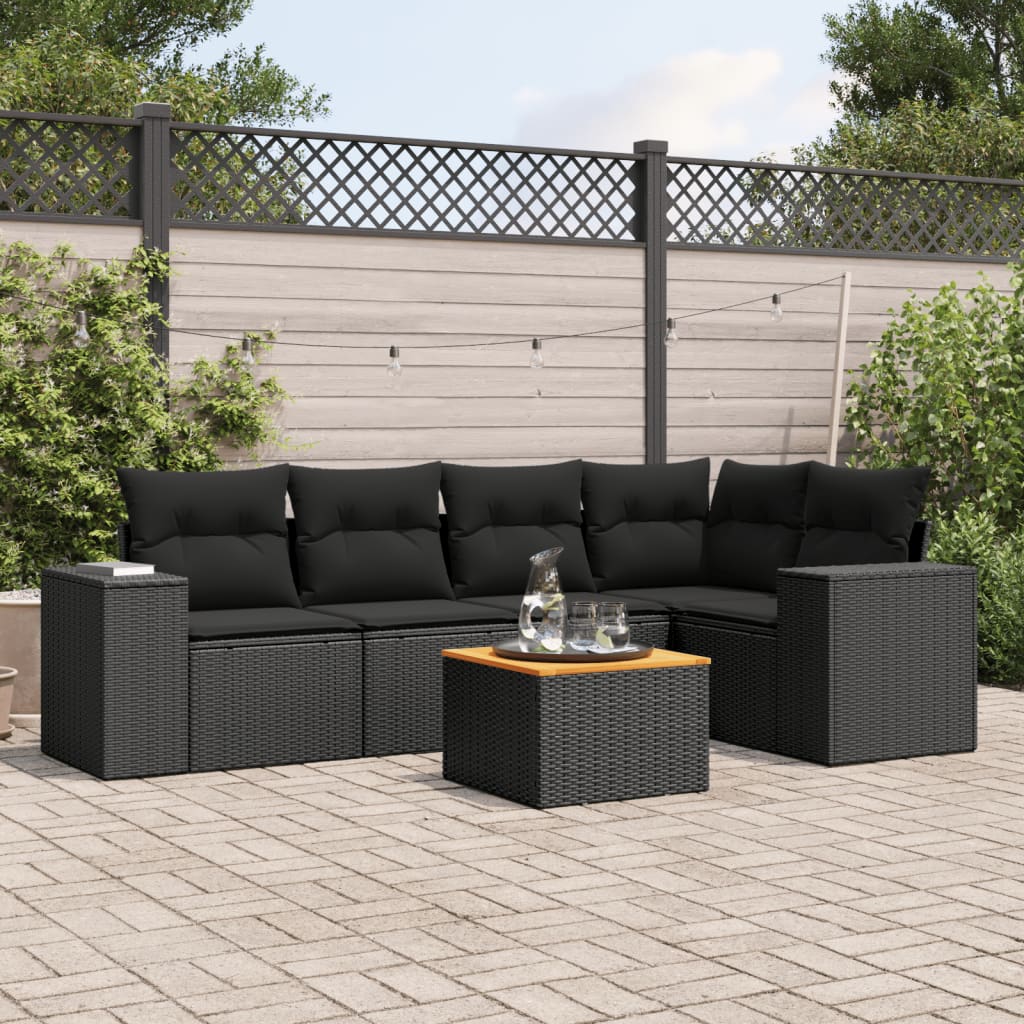 6-delige Loungeset met kussens poly rattan zwart