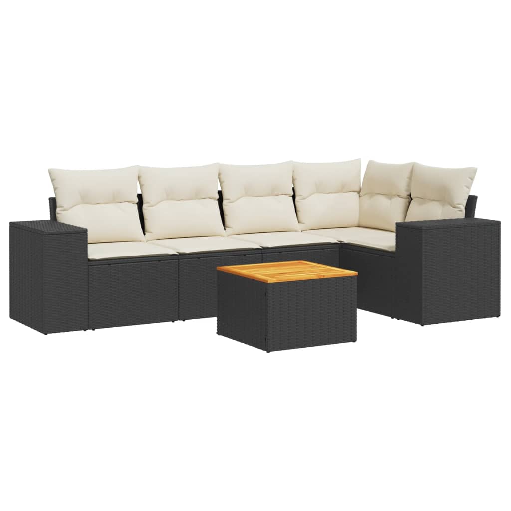 6-delige Loungeset met kussens poly rattan zwart